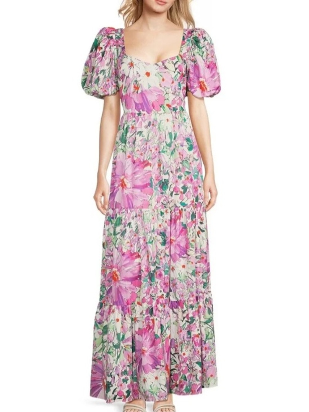 Belle by Badgley Mischka Mia Sweetheart Neck Puff Sleeve Floral Garden Dress 4